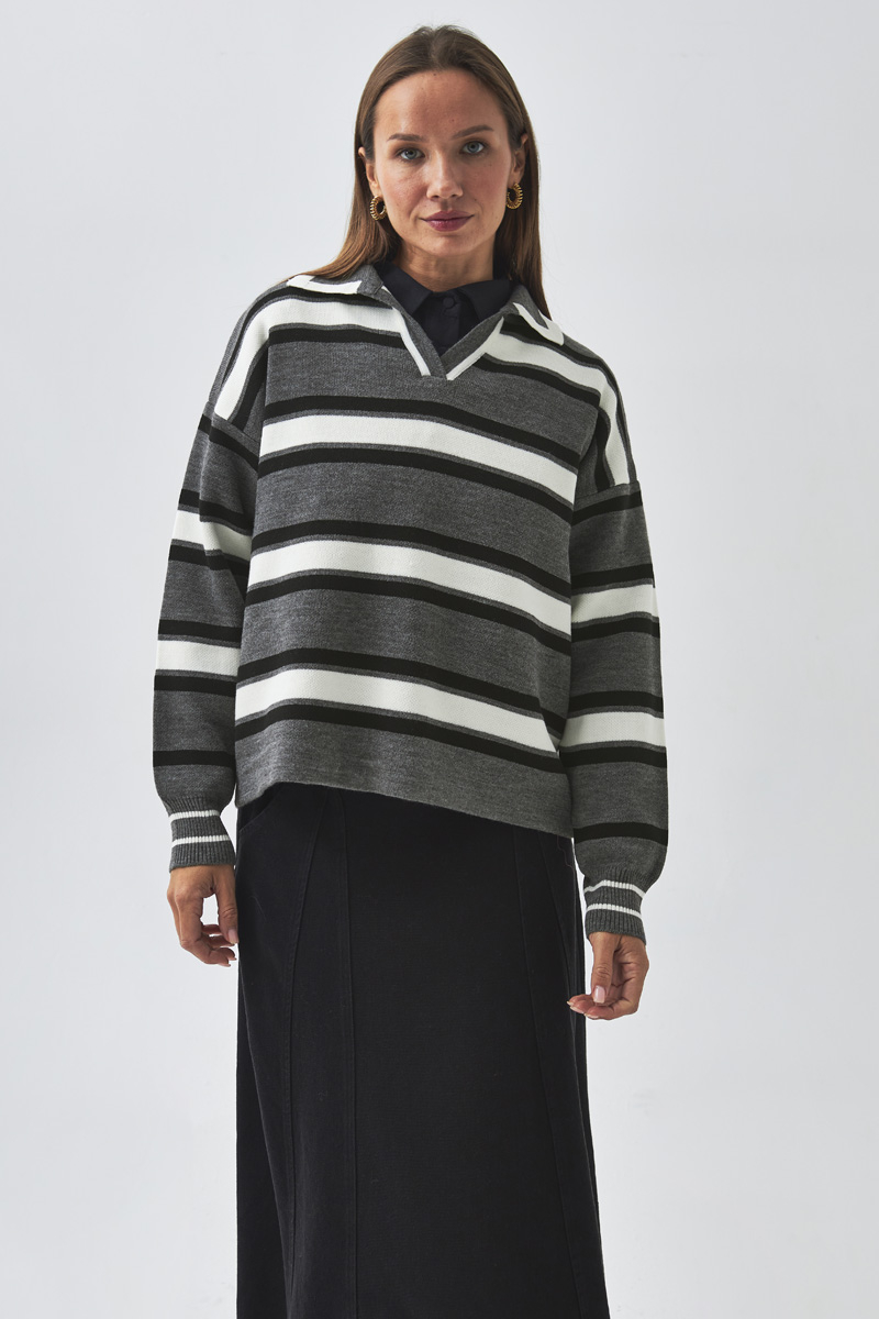 Striped Polo Sweater Grey