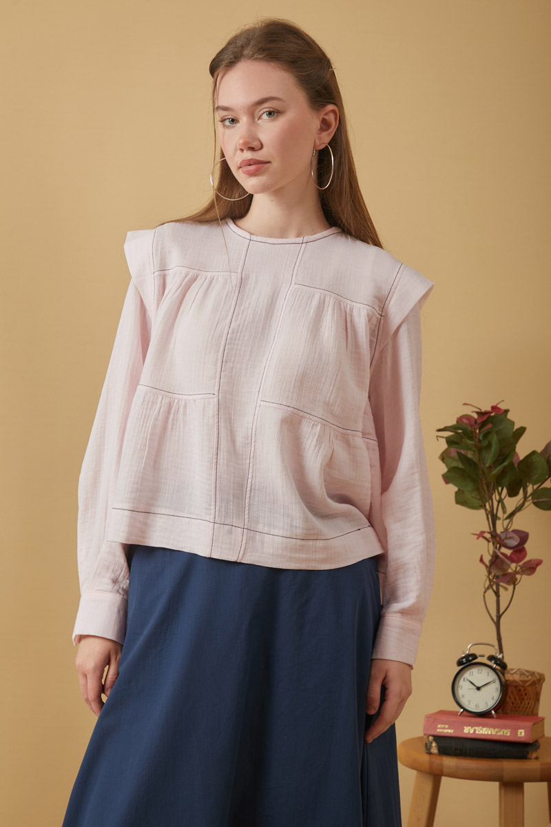 Contrast Stitch Muslin Blouse Powder Pink