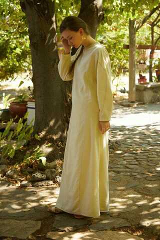 Contrast-Stitched Linen Dress Butter Yellow - 3