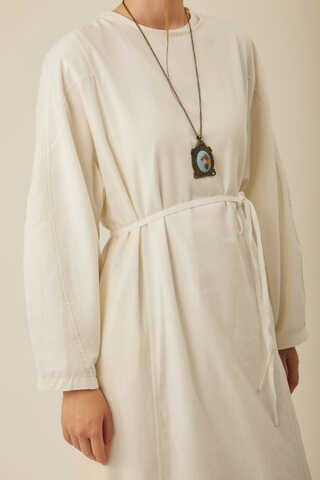 Contrast-Stitched Linen Dress White - 3