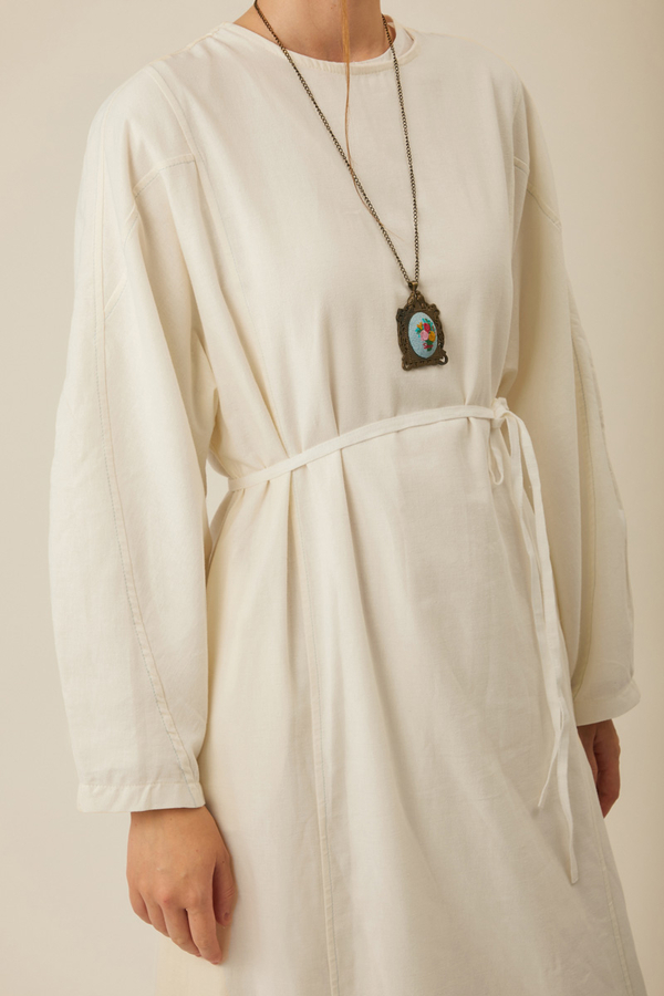 Contrast-Stitched Linen Dress White - 3