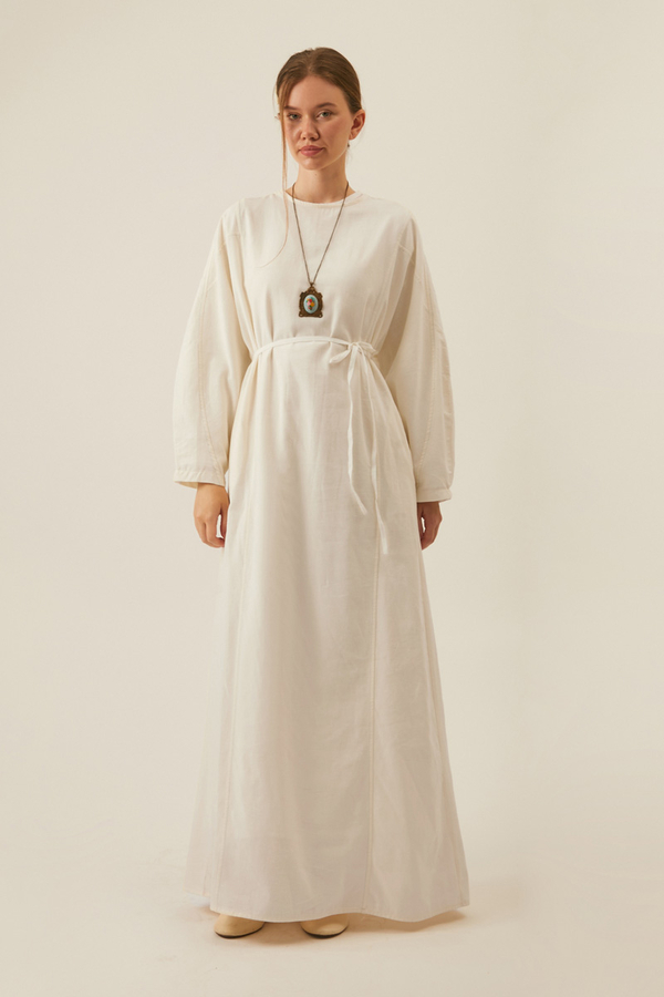Contrast-Stitched Linen Dress White