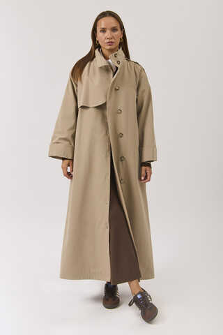 Cotton High Collar Buttoned Trenchcoat Beige - 6