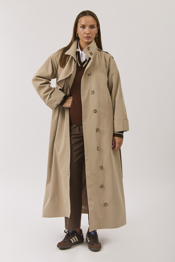 Cotton High Collar Buttoned Trenchcoat Beige - 7