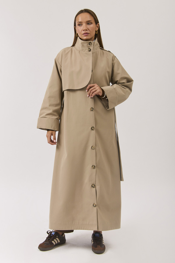 Cotton High Collar Buttoned Trenchcoat Beige - 10