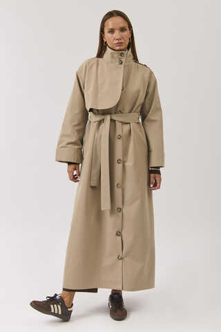 Cotton High Collar Buttoned Trenchcoat Beige - 12
