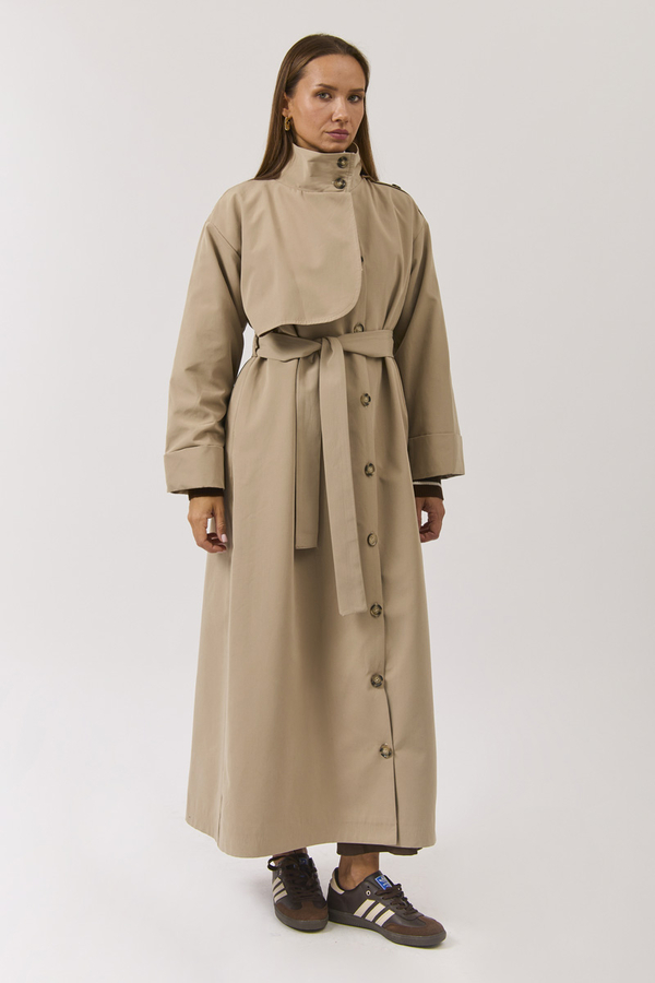 Cotton High Collar Buttoned Trenchcoat Beige - 14