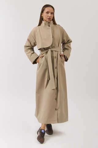 Cotton High Collar Buttoned Trenchcoat Beige - 15