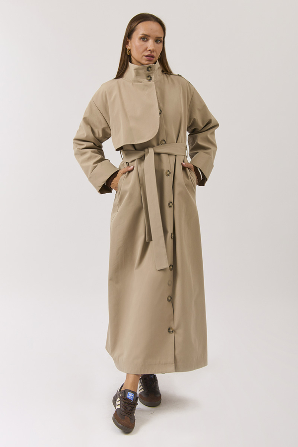 Cotton High Collar Buttoned Trenchcoat Beige - 15