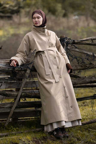 Cotton High Collar Buttoned Trenchcoat Beige - 1