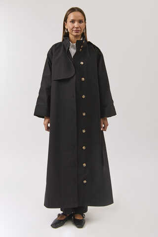 Cotton High Collar Buttoned Trenchcoat Black - 1