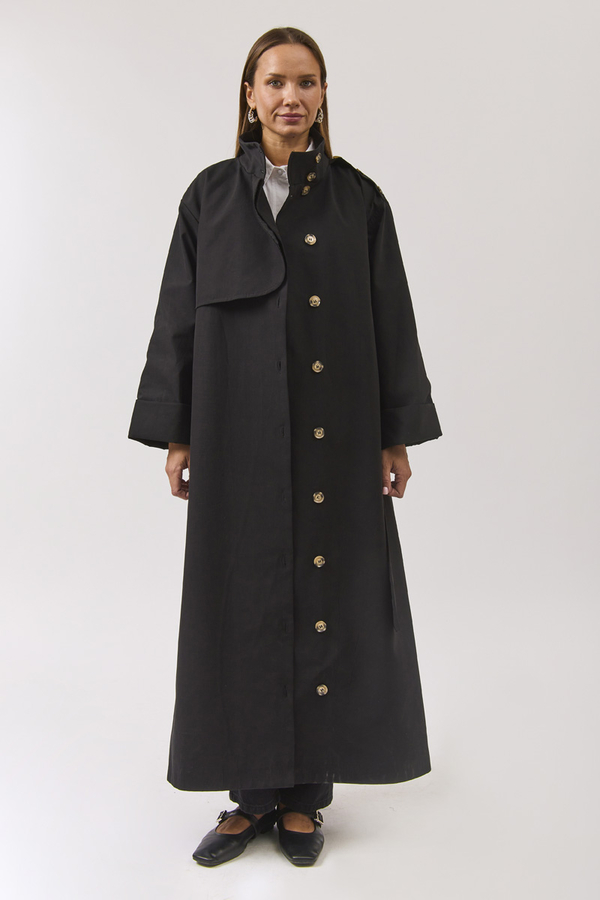 Cotton High Collar Buttoned Trenchcoat Black