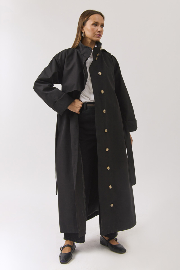 Cotton High Collar Buttoned Trenchcoat Black - 2