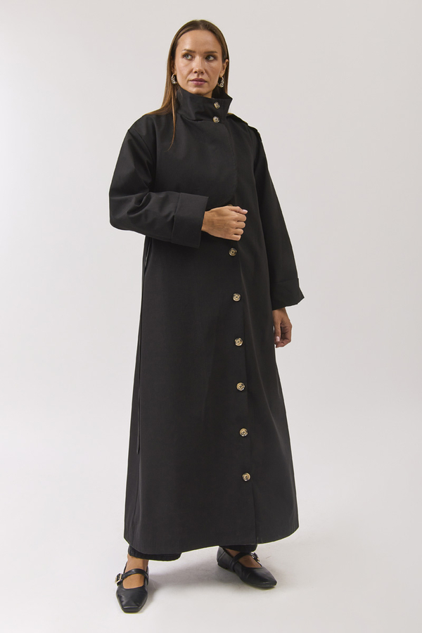 Cotton High Collar Buttoned Trenchcoat Black - 4