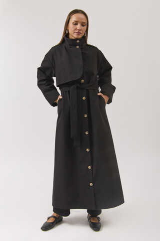 Cotton High Collar Buttoned Trenchcoat Black - 7