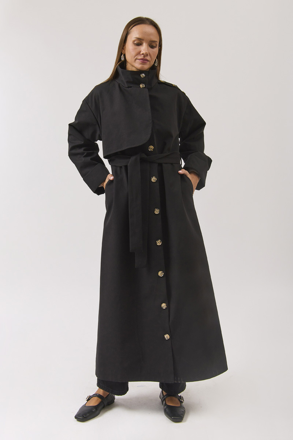 Cotton High Collar Buttoned Trenchcoat Black - 7