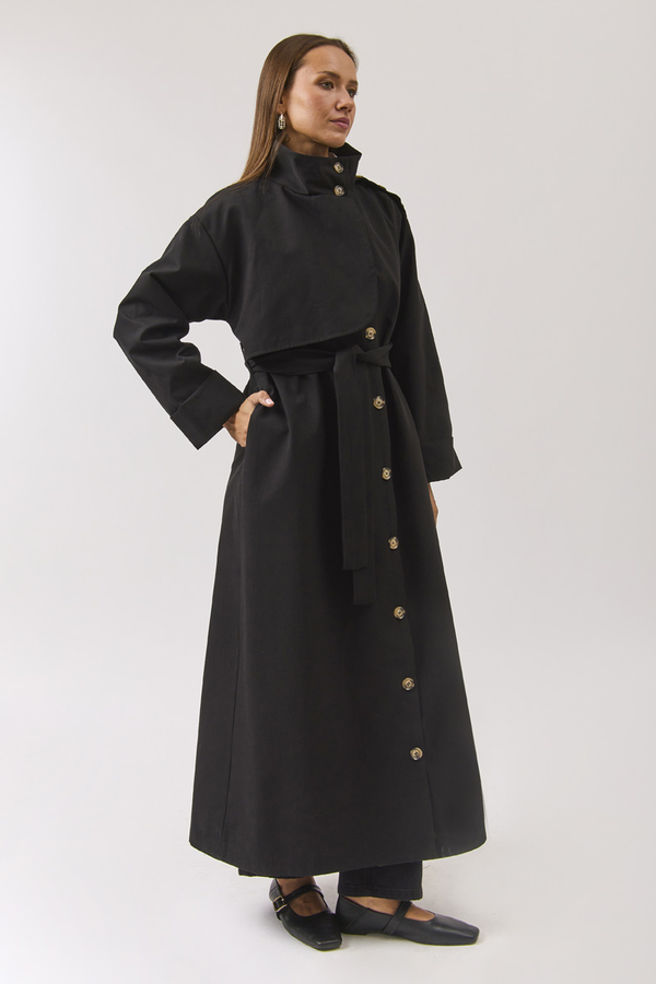Cotton High Collar Buttoned Trenchcoat Black - 8