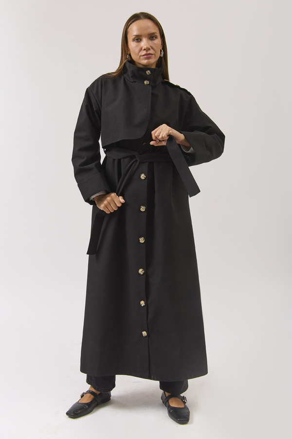 Cotton High Collar Buttoned Trenchcoat Black - 10