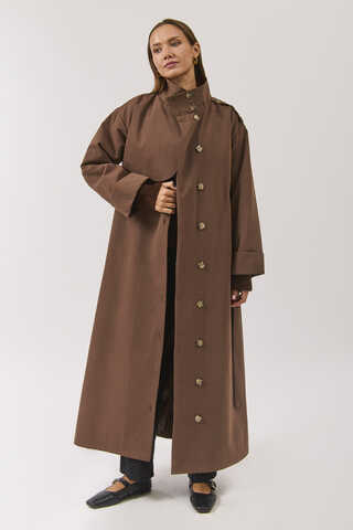 Cotton High Collar Buttoned Trenchcoat Brown - 4