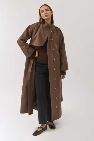 Cotton High Collar Buttoned Trenchcoat Brown - 1