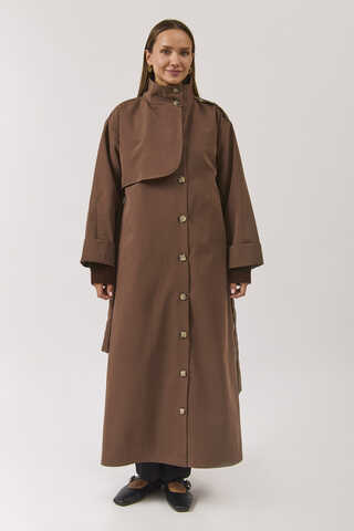 Cotton High Collar Buttoned Trenchcoat Brown - 7