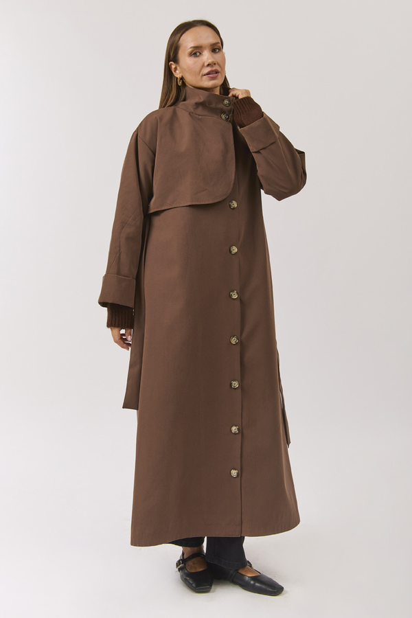 Cotton High Collar Buttoned Trenchcoat Brown - 9