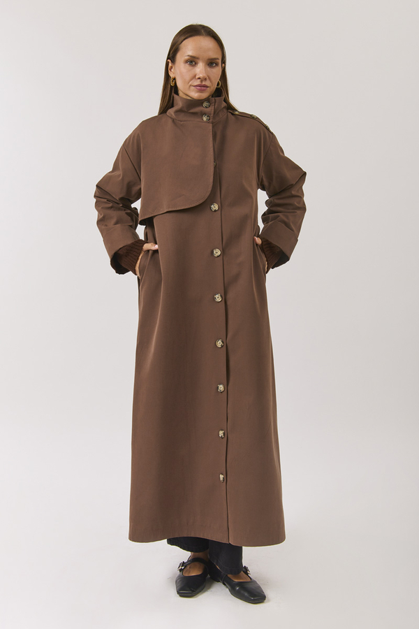 Cotton High Collar Buttoned Trenchcoat Brown - 11