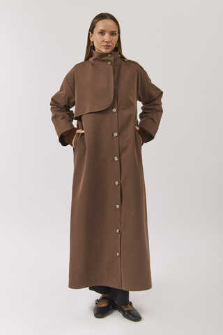 Cotton High Collar Buttoned Trenchcoat Brown - 12