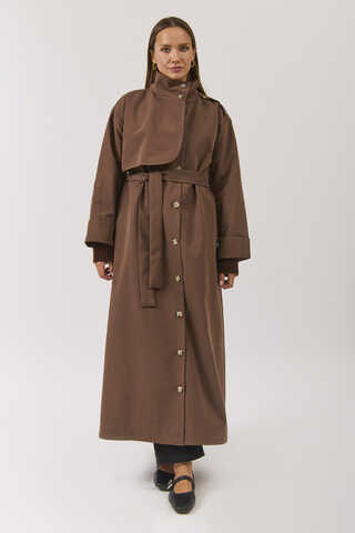Cotton High Collar Buttoned Trenchcoat Brown - 13
