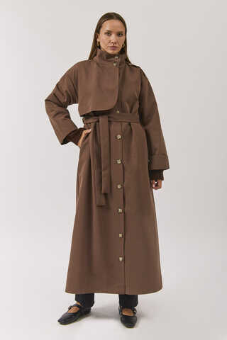 Cotton High Collar Buttoned Trenchcoat Brown - 16