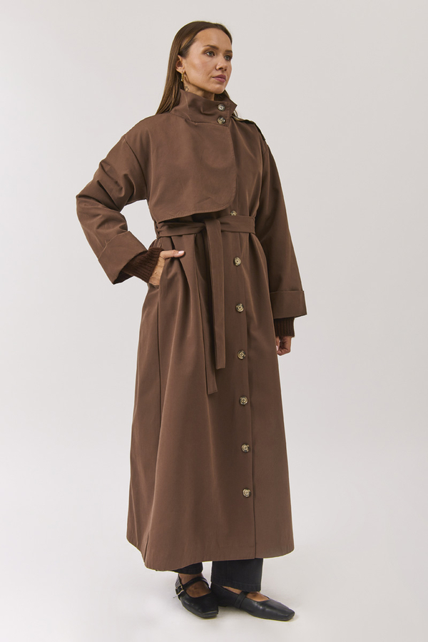 Cotton High Collar Buttoned Trenchcoat Brown - 17