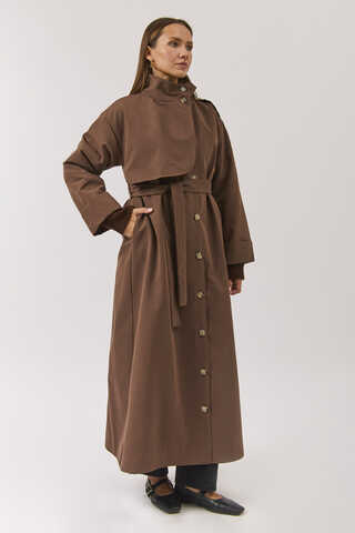 Cotton High Collar Buttoned Trenchcoat Brown - 18