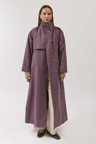 Cotton High Collar Buttoned Trenchcoat Dark Plum - 9
