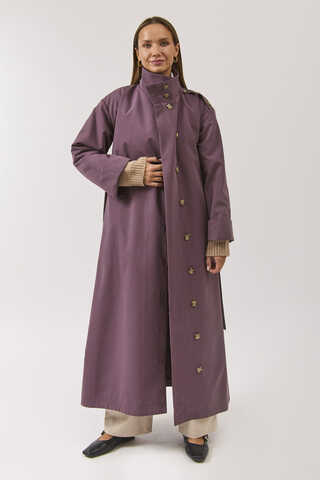 Cotton High Collar Buttoned Trenchcoat Dark Plum - 10