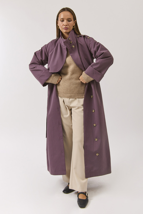 Cotton High Collar Buttoned Trenchcoat Dark Plum - 15