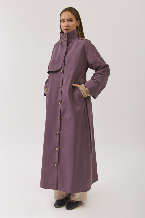 Cotton High Collar Buttoned Trenchcoat Dark Plum - 14