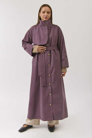 Cotton High Collar Buttoned Trenchcoat Dark Plum - 12