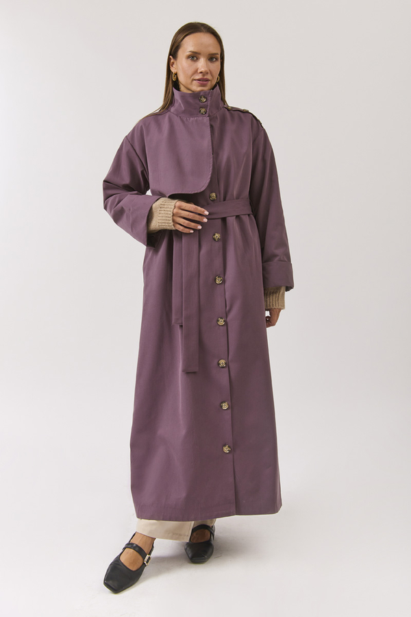 Cotton High Collar Buttoned Trenchcoat Dark Plum - 11
