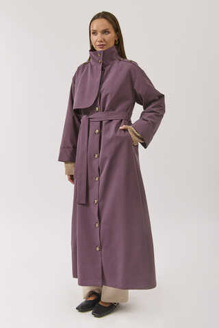 Cotton High Collar Buttoned Trenchcoat Dark Plum - 8
