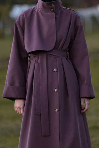 Cotton High Collar Buttoned Trenchcoat Dark Plum - 3