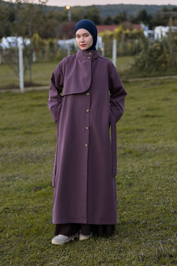Cotton High Collar Buttoned Trenchcoat Dark Plum - 5