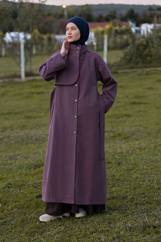 Cotton High Collar Buttoned Trenchcoat Dark Plum - 2