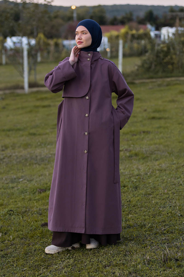 Cotton High Collar Buttoned Trenchcoat Dark Plum - 2