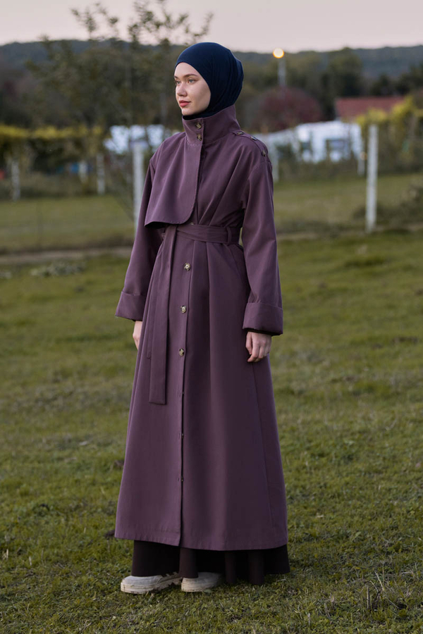 Cotton High Collar Buttoned Trenchcoat Dark Plum - 4