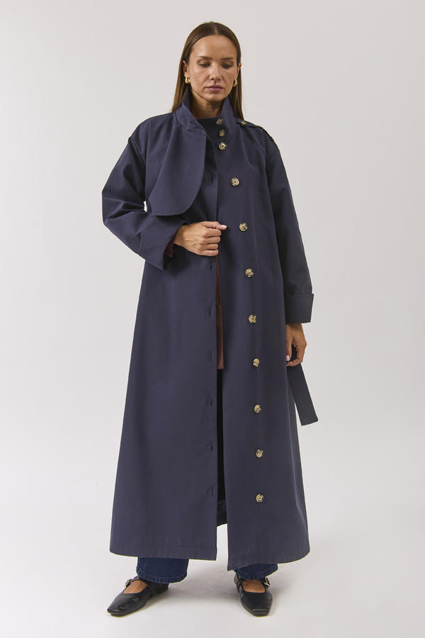 Cotton High Collar Buttoned Trenchcoat Navy - 8