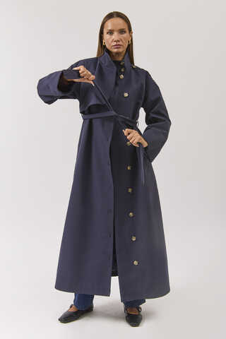 Cotton High Collar Buttoned Trenchcoat Navy - 9