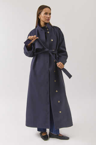Cotton High Collar Buttoned Trenchcoat Navy - 10
