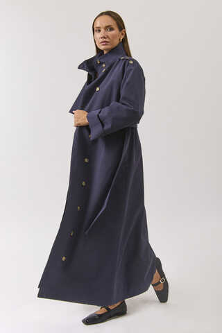 Cotton High Collar Buttoned Trenchcoat Navy - 11
