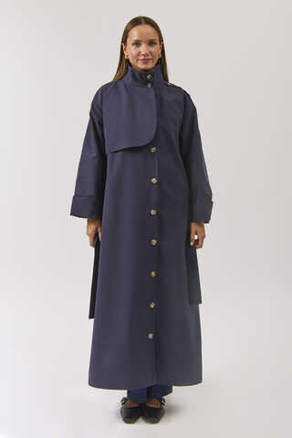 Cotton High Collar Buttoned Trenchcoat Navy - 12