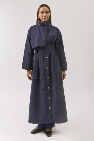 Cotton High Collar Buttoned Trenchcoat Navy - 14
